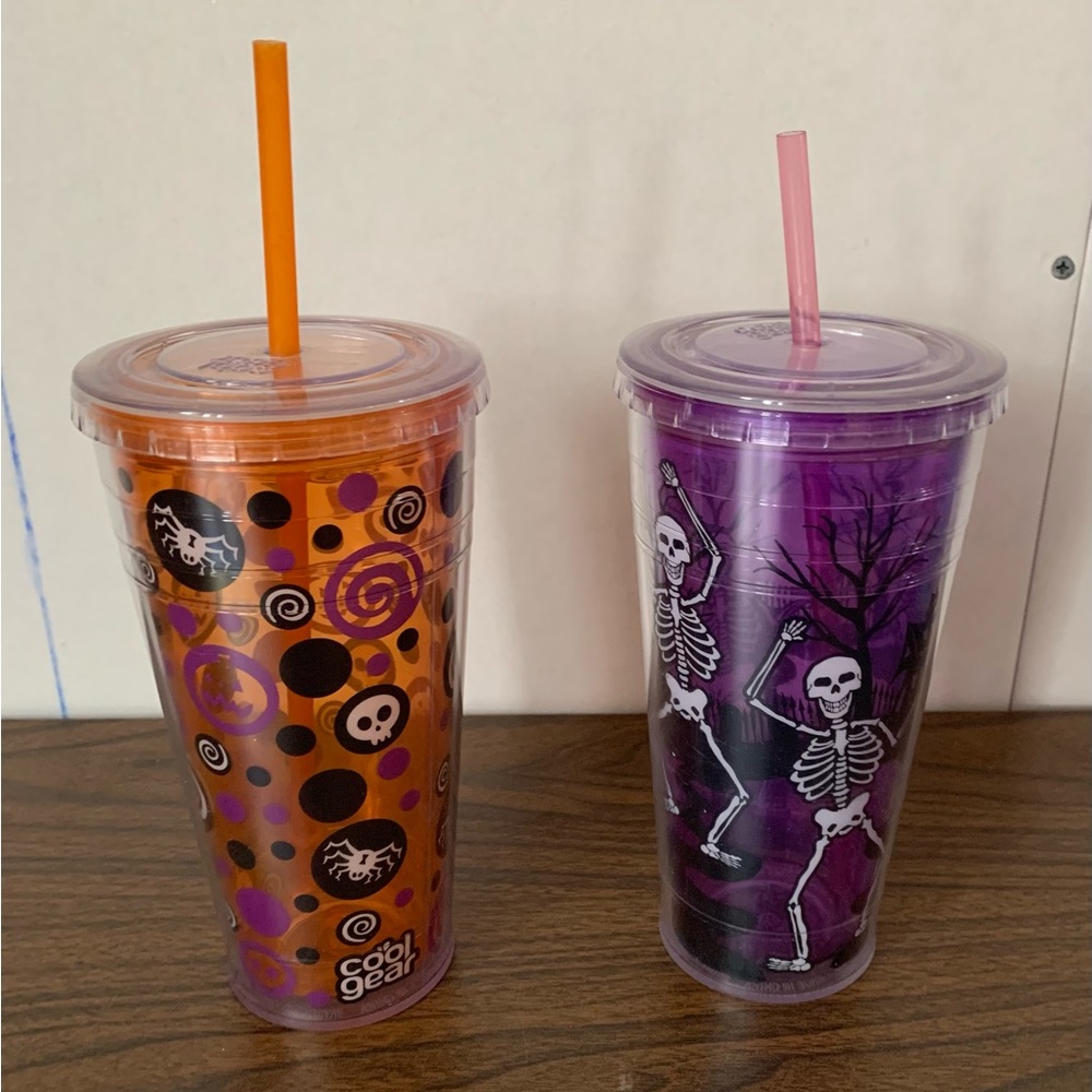 2010 Cool Gear Tumblers Purple With Dancing Skeletons & Orange With Pumpkins